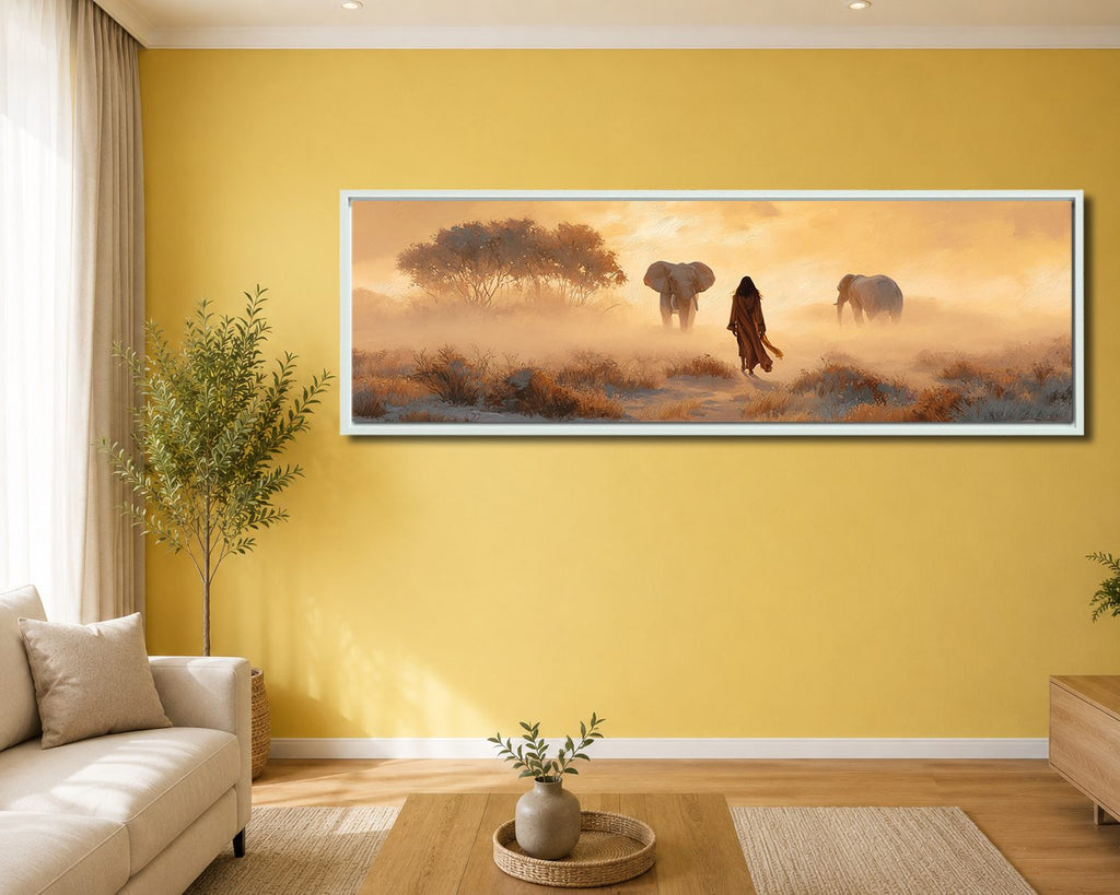 Woman and Elephants in Misty Savanna canvas wall art, white floating frame
