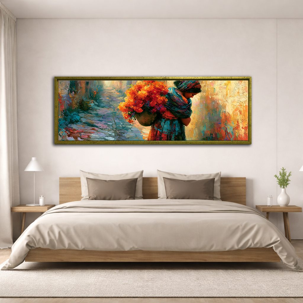 Woman Carrying Flowers Colorful canvas wall art, antique gold floating frame