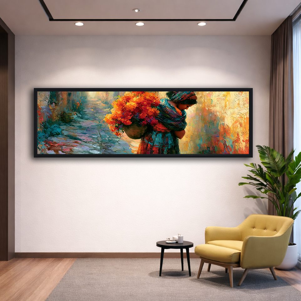 Woman Carrying Flowers Colorful canvas wall art, black floating frame