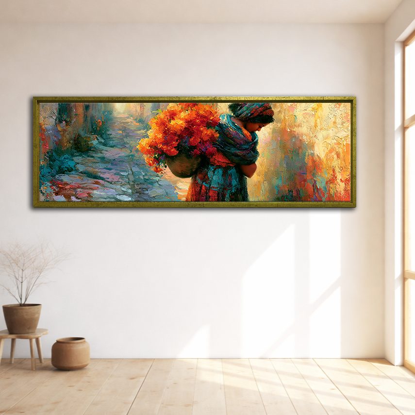 Woman Carrying Flowers Colorful canvas wall art, gold floating frame