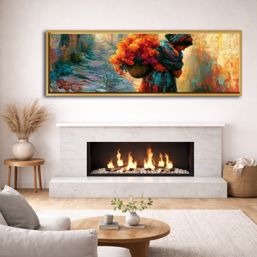 Woman Carrying Flowers Colorful canvas wall art, natural wood floating frame