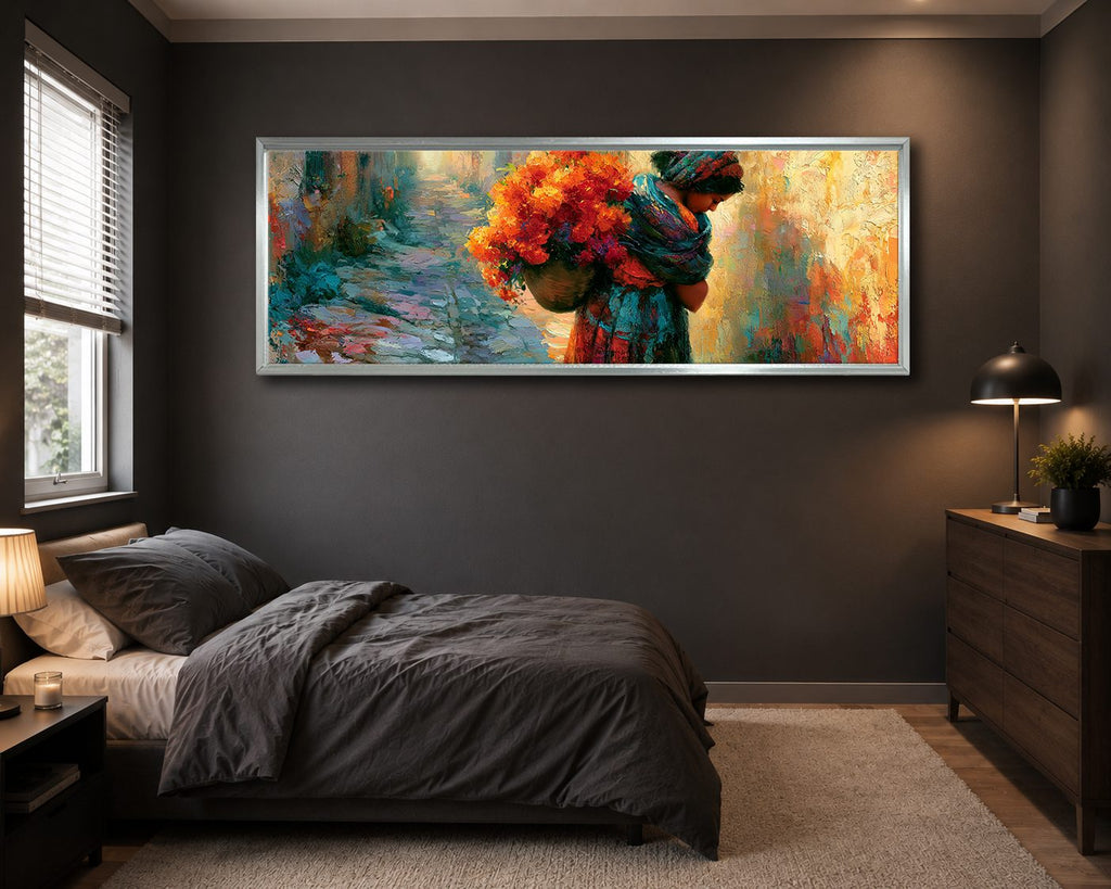 Woman Carrying Flowers Colorful canvas wall art, silver floating frame