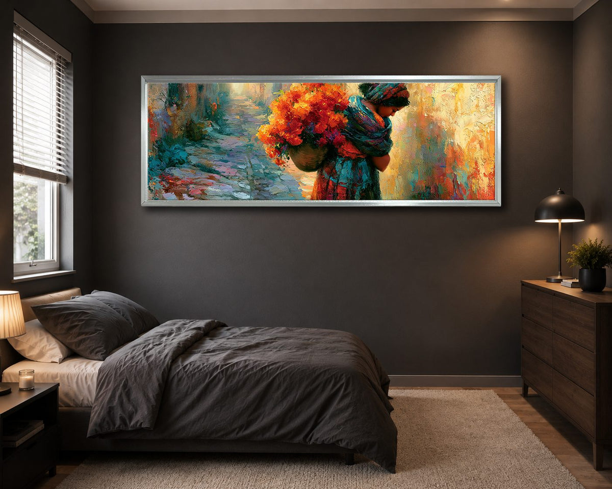 Woman Carrying Flowers Colorful canvas wall art, silver floating frame