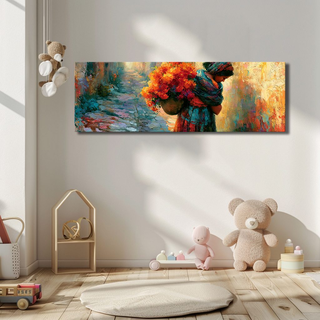 Woman Carrying Flowers Colorful canvas wall art, unframed canvas