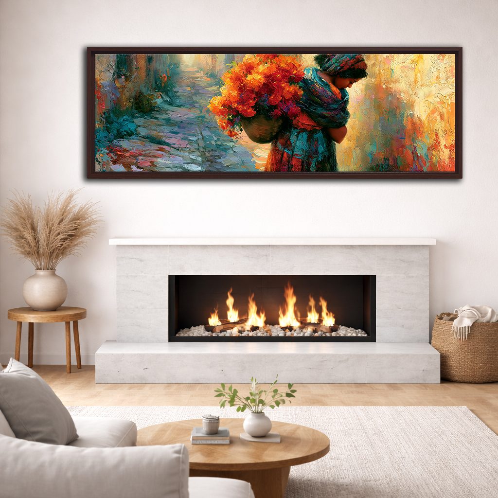 Woman Carrying Flowers Colorful canvas wall art, walnut floating frame