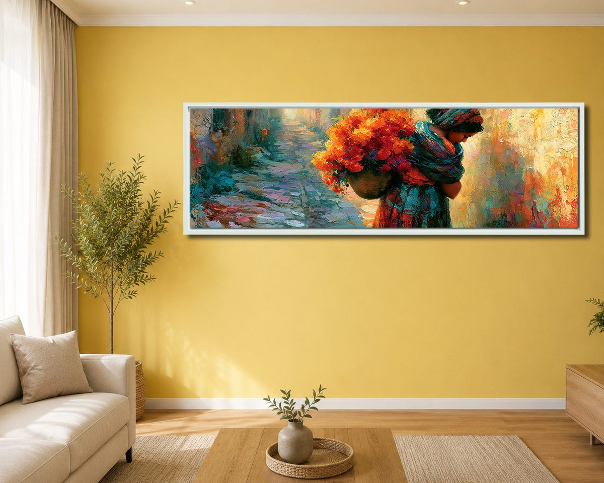 Woman Carrying Flowers Colorful canvas wall art, white floating frame