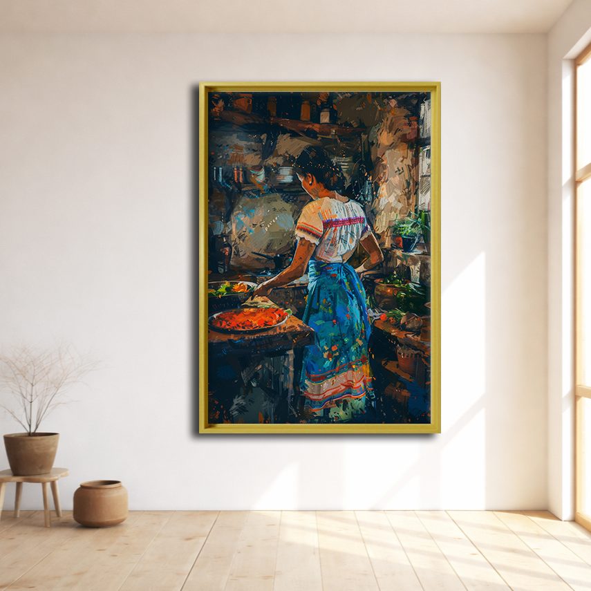 Woman Cooking in Rustic Kitchen canvas wall art, natural wood floating frame