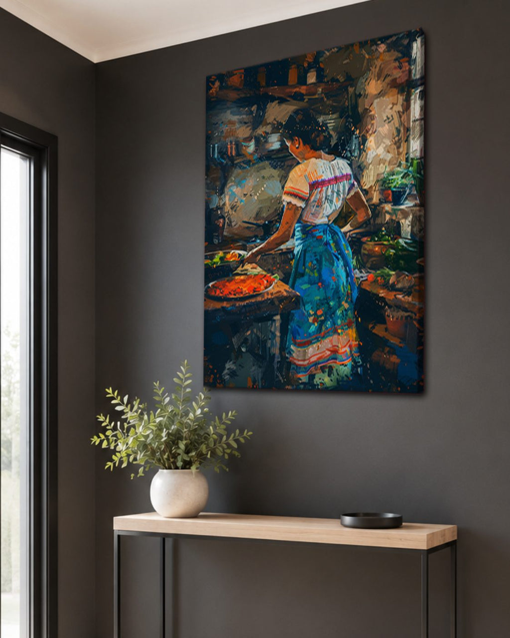 Woman Cooking in Rustic Kitchen canvas wall art, unframed canvas