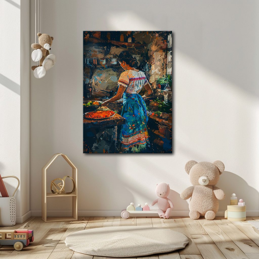Woman Cooking in Rustic Kitchen canvas wall art, unframed canvas
