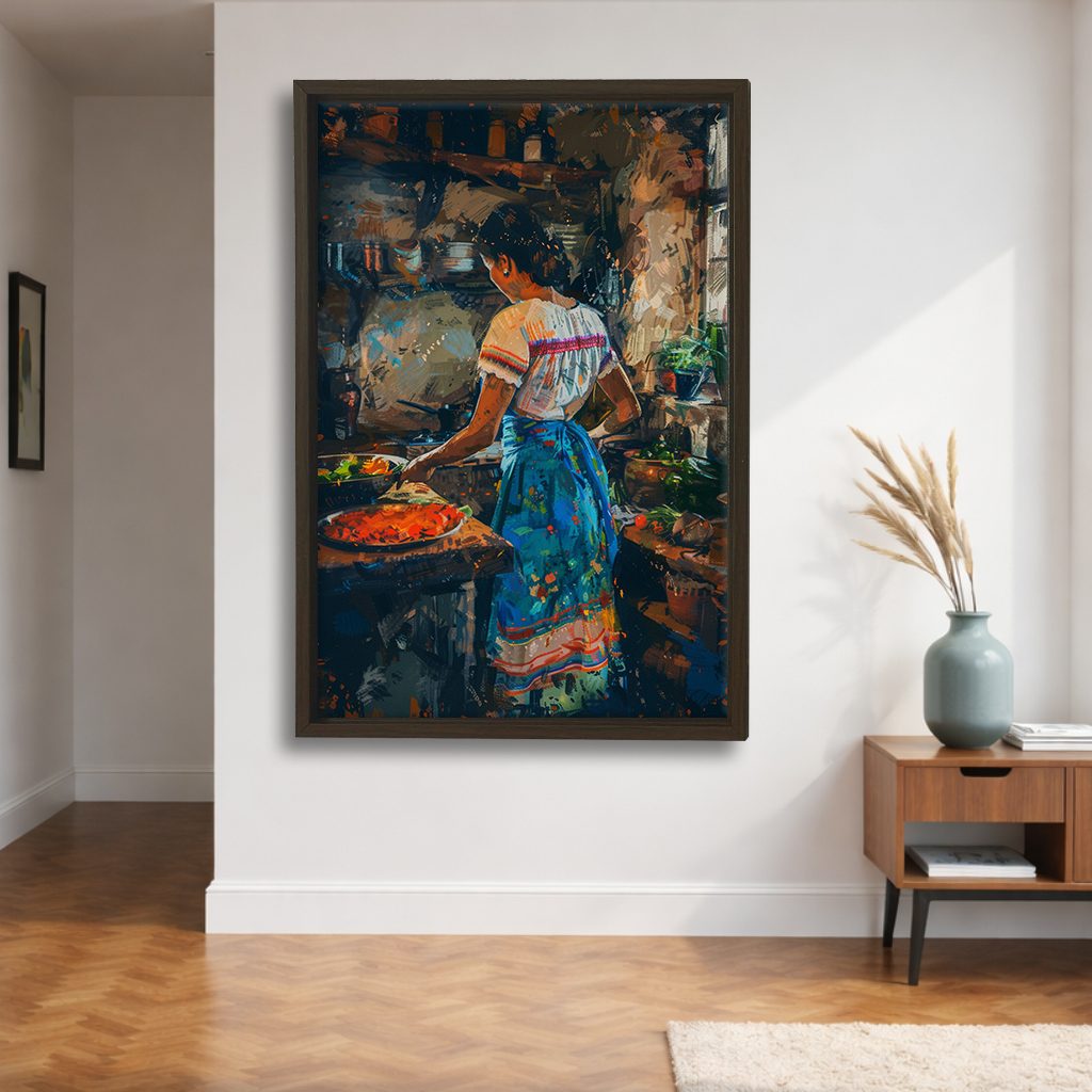 Woman Cooking in Rustic Kitchen canvas wall art, walnut floating frame