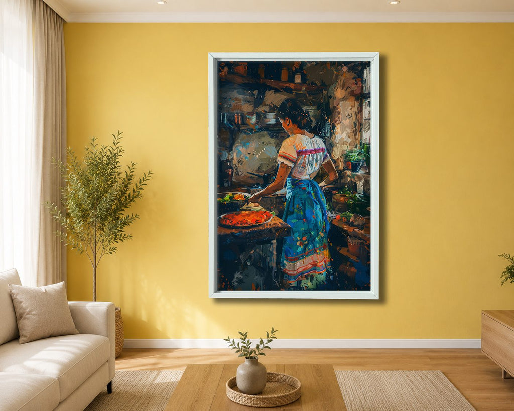 Woman Cooking in Rustic Kitchen canvas wall art, white floating frame