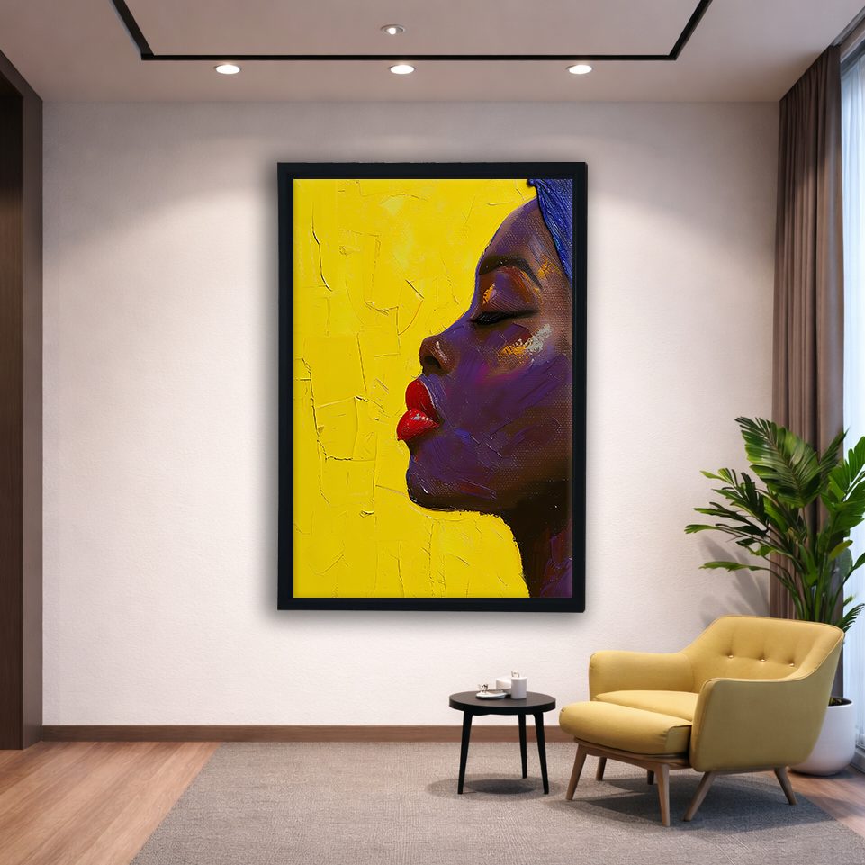 Woman Profile on Yellow canvas wall art, black floating frame