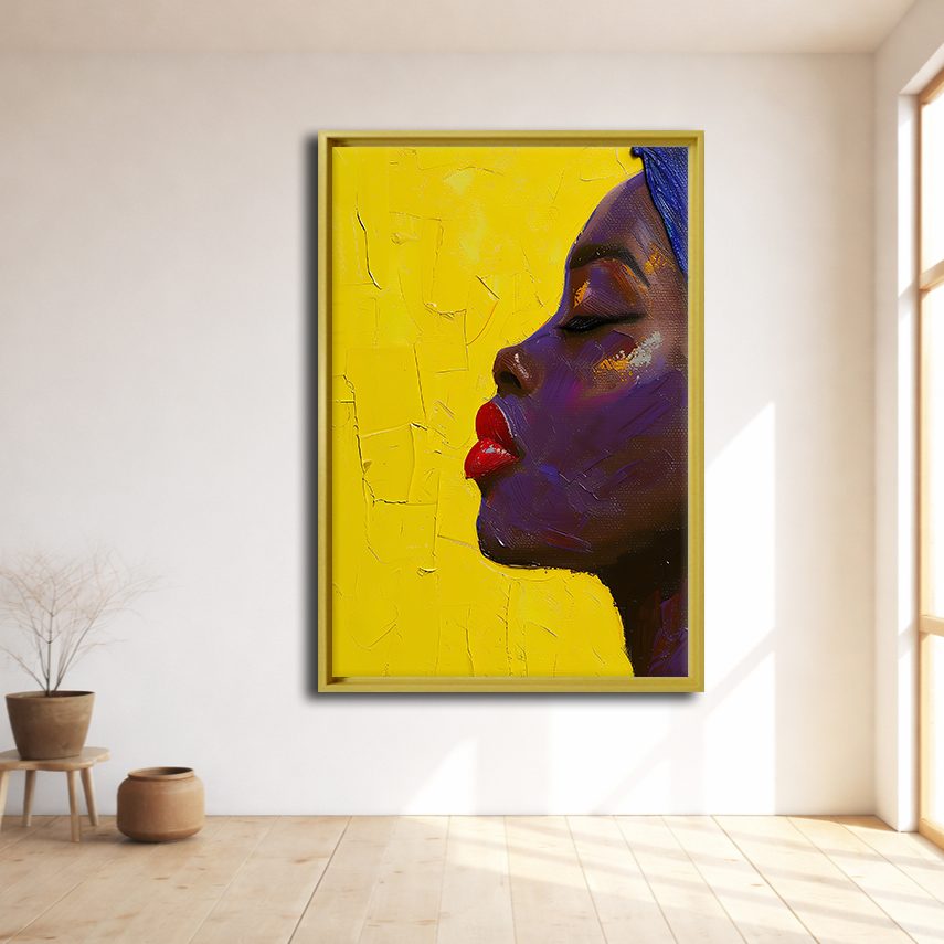 Woman Profile on Yellow canvas wall art, natural wood floating frame