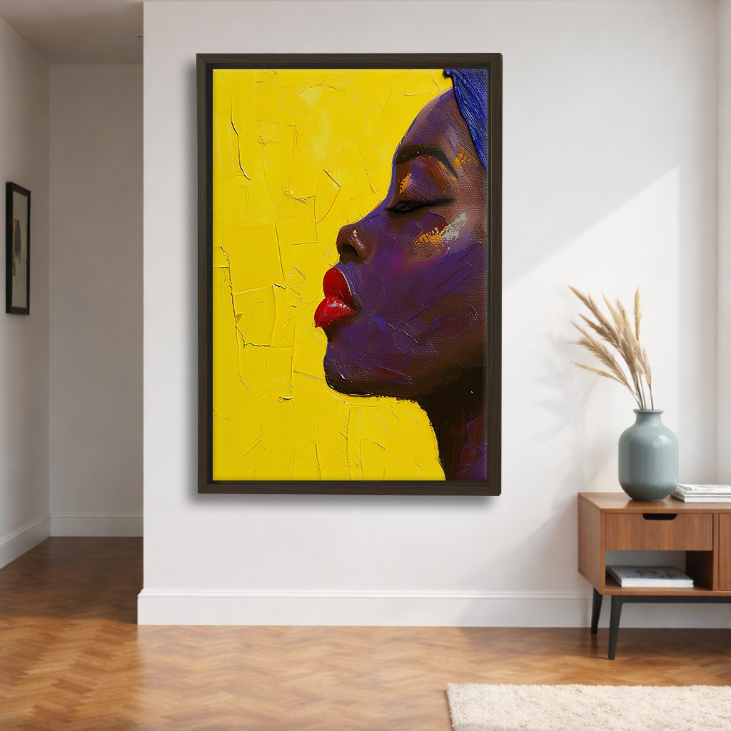 Woman Profile on Yellow canvas wall art, walnut floating frame