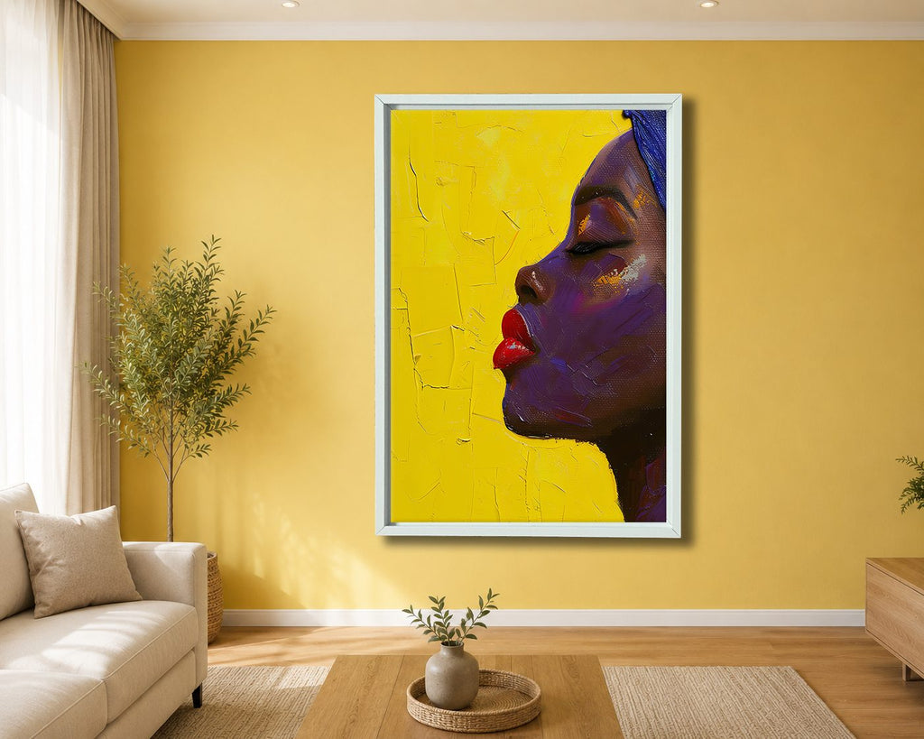 Woman Profile on Yellow canvas wall art, white floating frame