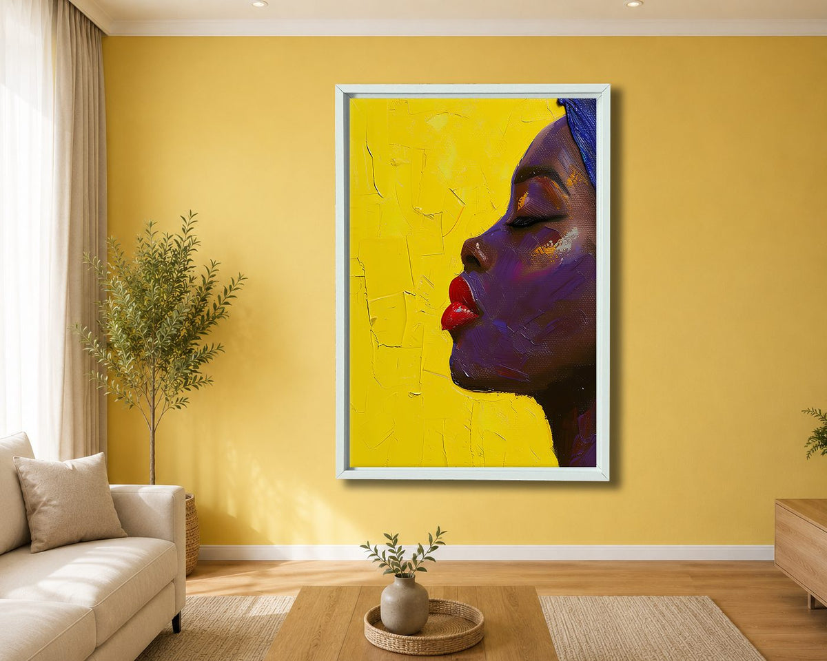 Woman Profile on Yellow canvas wall art, white floating frame
