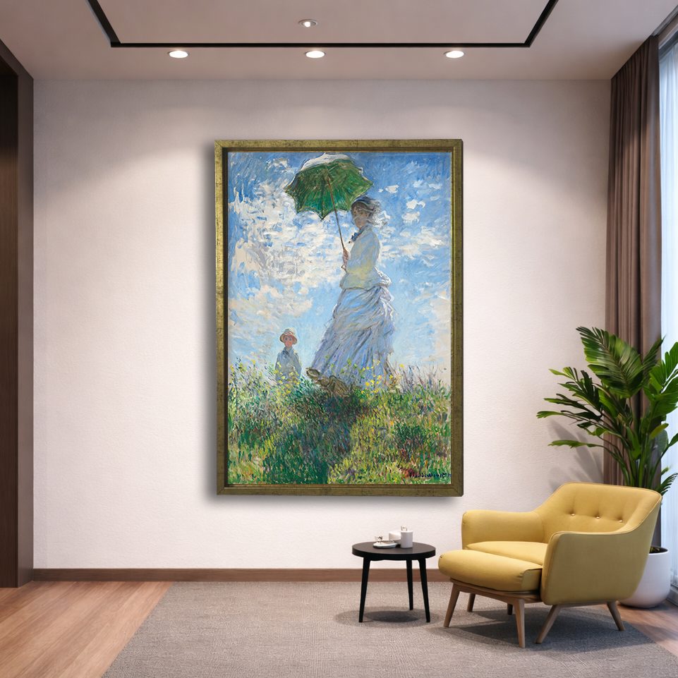 Woman with a Parasol by Claude Monet canvas wall art, gold floating frame