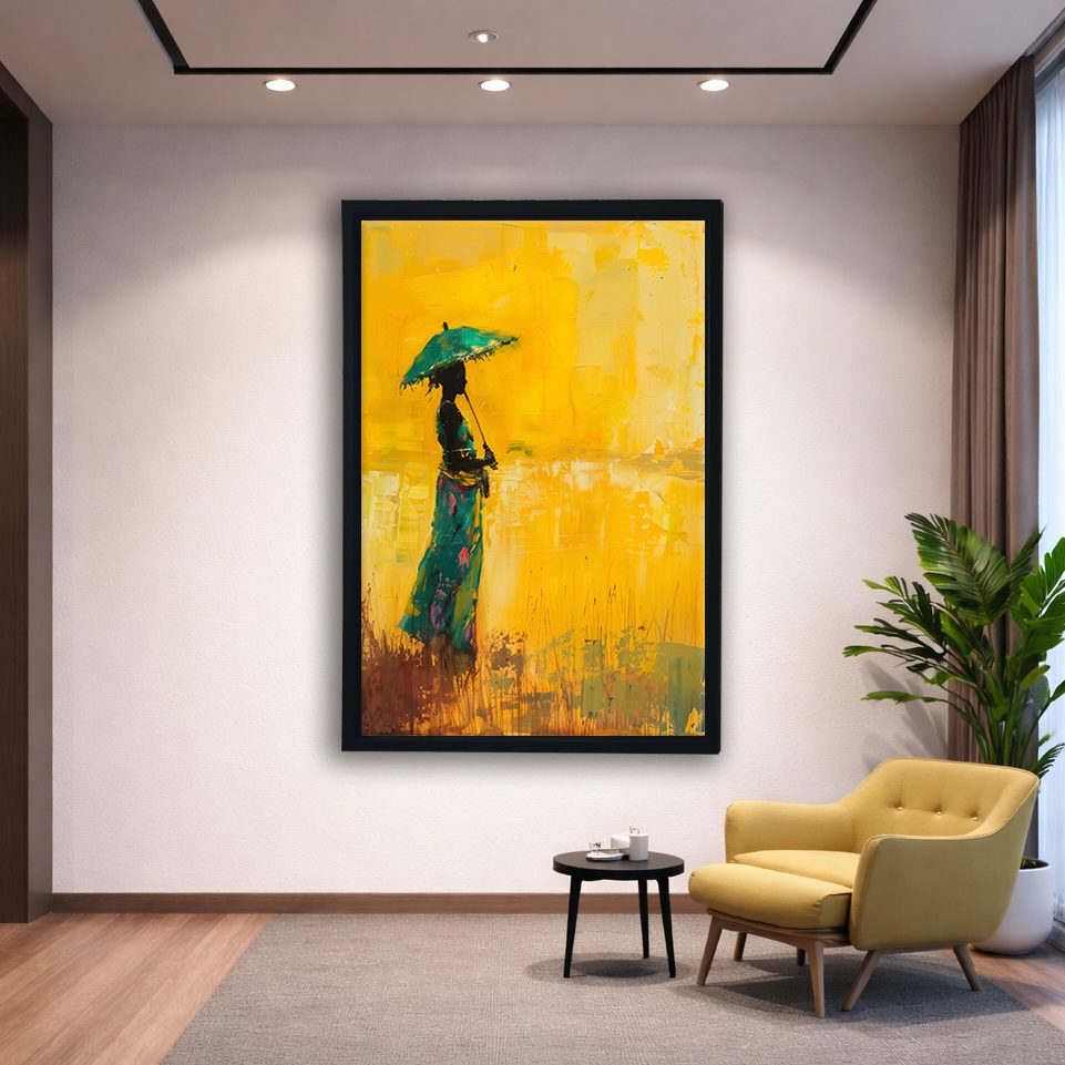 Woman with Umbrella on Yellow canvas wall art, black floating frame
