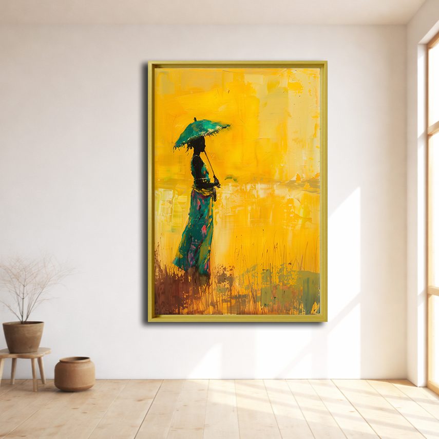 Woman with Umbrella on Yellow canvas wall art, natural wood floating frame