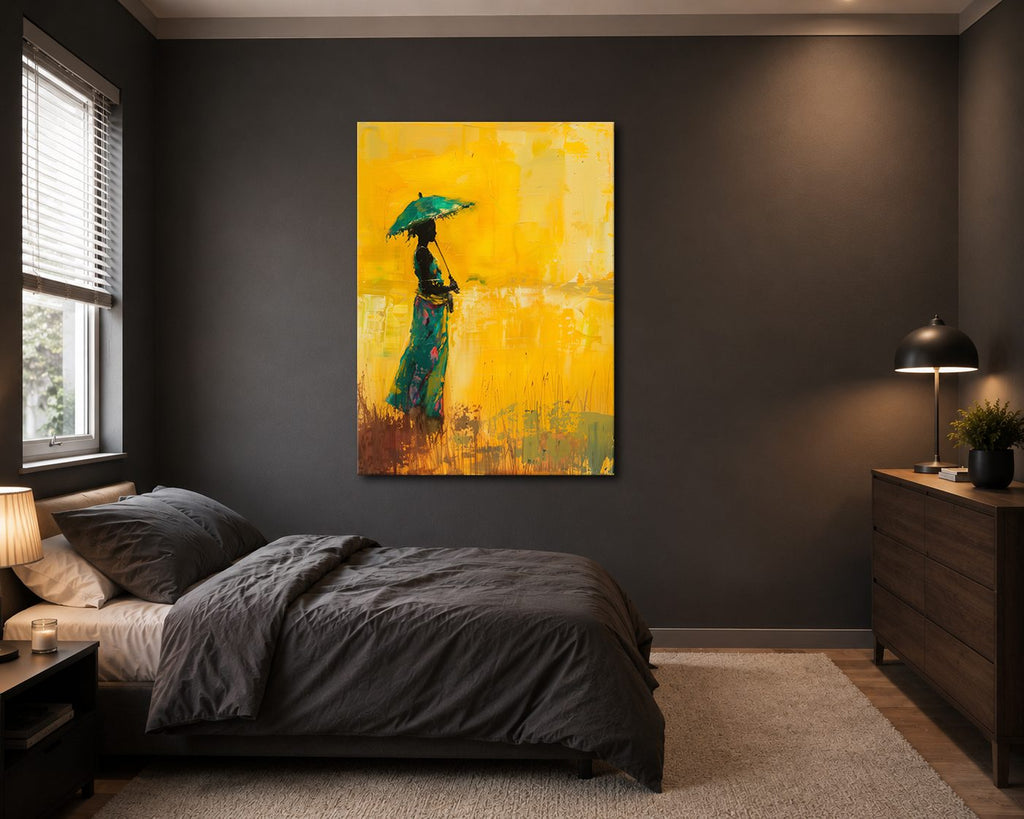 Woman with Umbrella on Yellow canvas wall art, unframed canvas