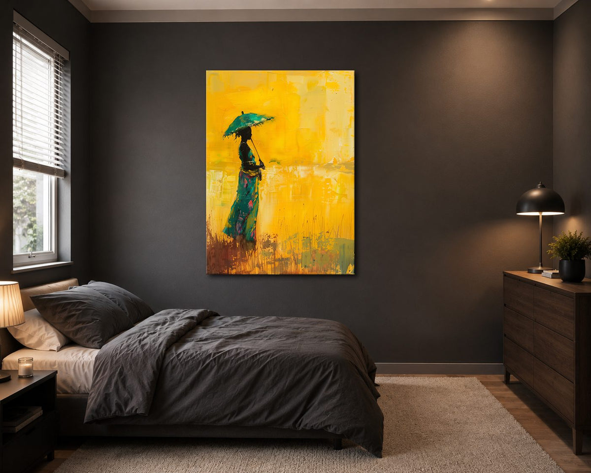 Woman with Umbrella on Yellow canvas wall art, unframed canvas