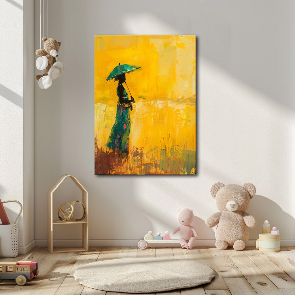 Woman with Umbrella on Yellow canvas wall art, unframed canvas