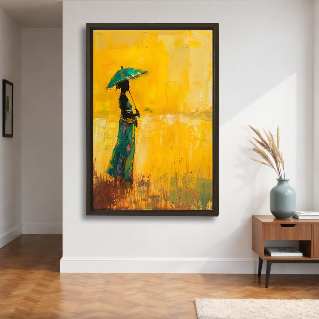 Woman with Umbrella on Yellow canvas wall art, walnut floating frame