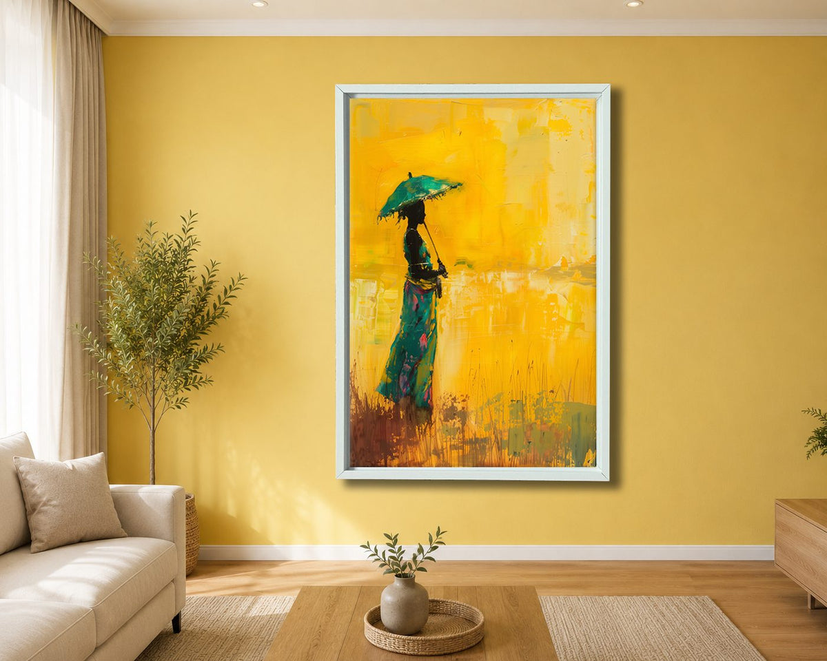 Woman with Umbrella on Yellow canvas wall art, white floating frame